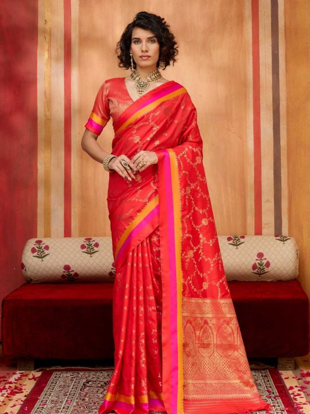 Independent Elegant Banarasi Silk Saree in Vibrant Red with Metallic Details and